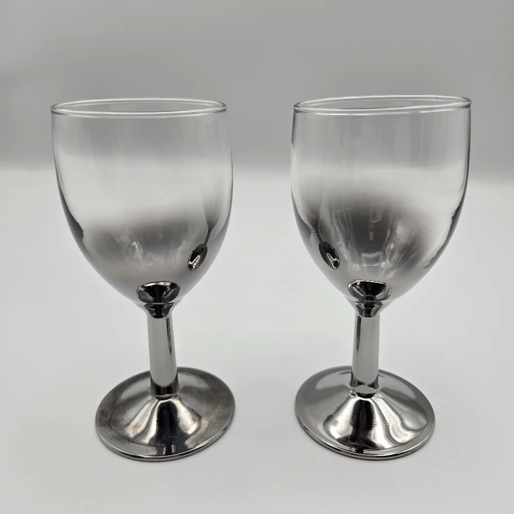 Vintage MCM France Ombre Clear Silver Cocktail Wine Glasses Goblets Set Of 2